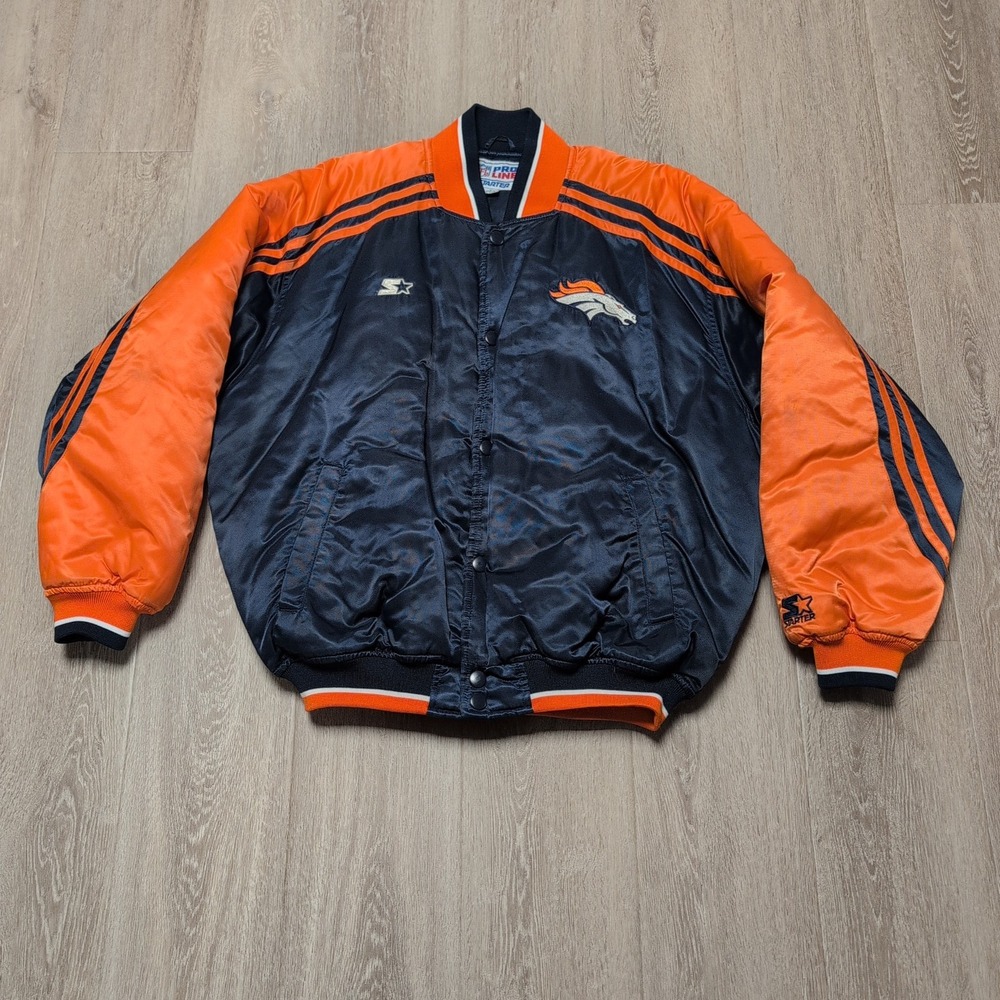 Vintage 90s‎ Denver Broncos Pro Line NFL Satin Bomber Jacket Mens L Navy Orange